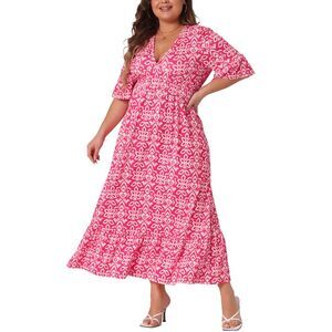 Plus Size Ruffled Hem V Neck Short Bell Sleeve Boho Long Dress Hot Pink